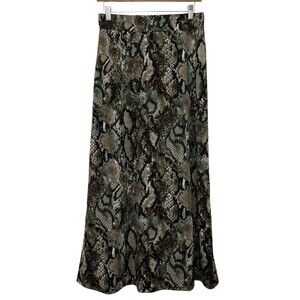 89th & Madison Maxi Skirt Snake Skin Print Women’s Size S Green Tan Side Slit